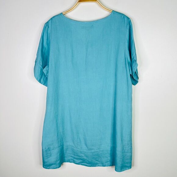 Flax Tunic Dress Size Small Linen Short‎ Sleeve Light Teal - Picture 2 of 10